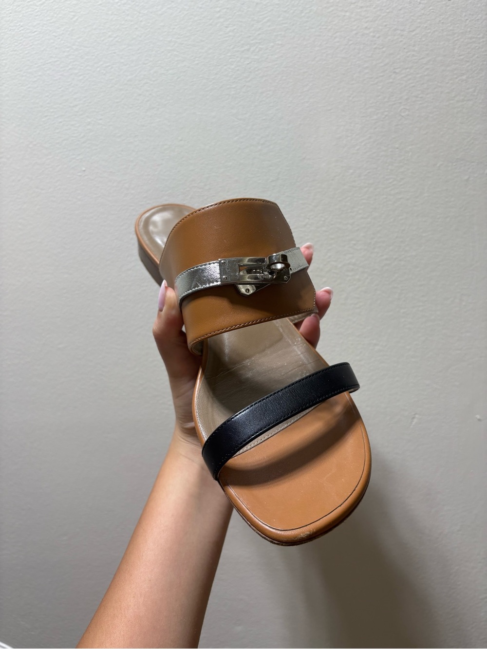 Hermes Two-Band Leather Slide Sandal in Tan, Black and Silver